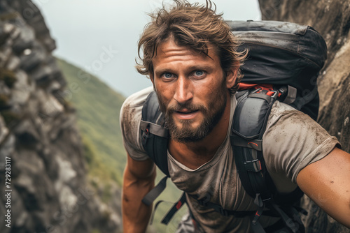 A portrait of a male traveler with a backpack in the mountains.