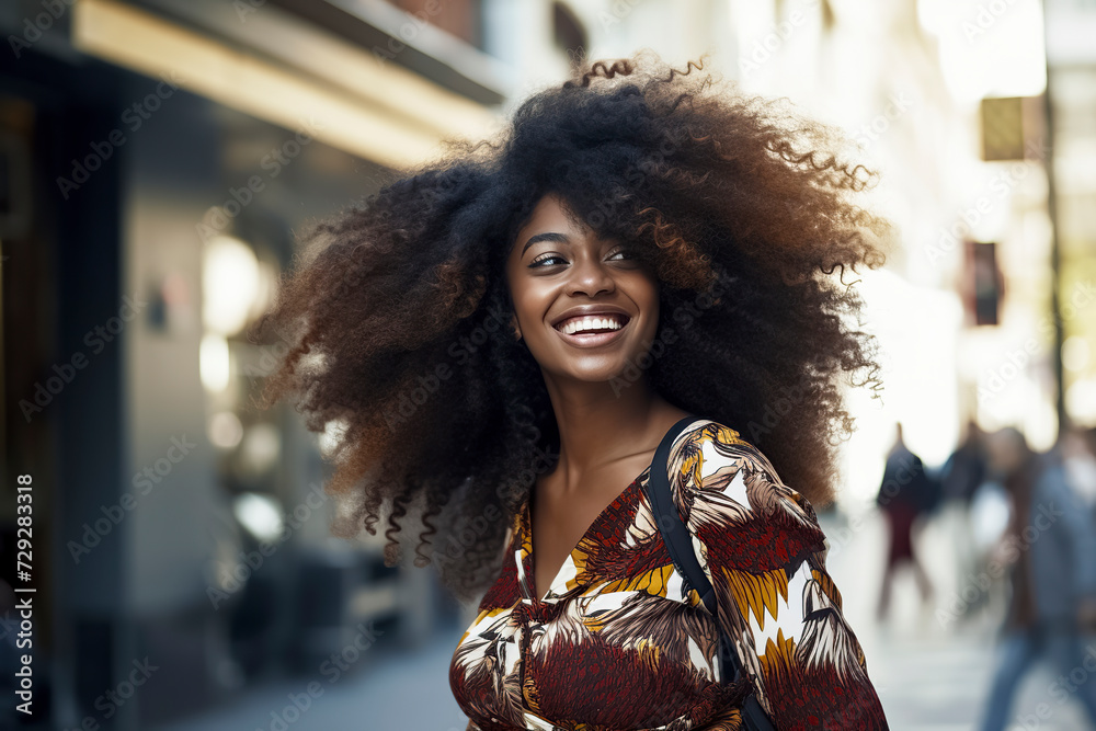 bllack woman with voluminous hair, wearing a floral dress, walking on a sunlit urban street, ai generative bllack woman with voluminous hair, wearing a floral dress, walking on a sunlit urban street, ai generative