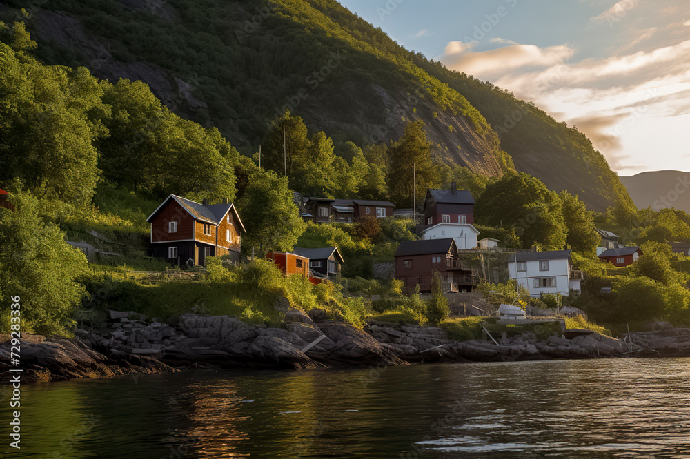 a scenic view of colorful houses nestled among green trees, beside a calm lake, with mountains in the background, ai generative