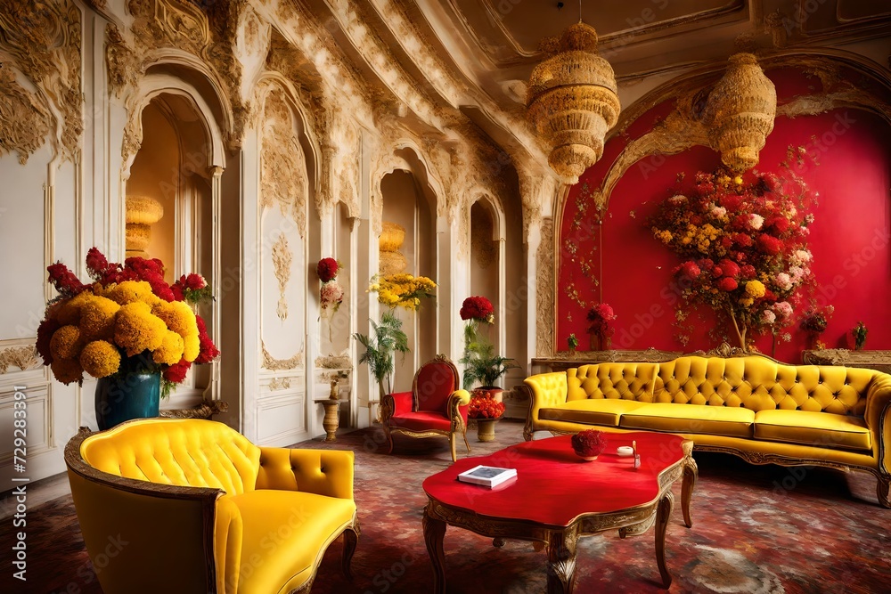 A fashion interior with yellow sofa, red table and colorful wall with flower arrangement. shot at an indian wedding ceremony in a hotel