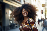 bllack woman with voluminous hair, wearing a floral dress, walking on a sunlit urban street, ai generative