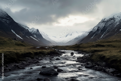 a serene landscape with a flowing river, surrounded by snow-capped mountains and greenery under a cloudy sky, ai generative