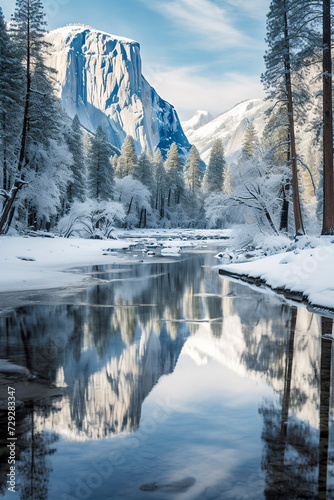 a breathtaking view of a snowy landscape with a calm river, frosted trees, and towering mountains under a clear blue sky, ai generative