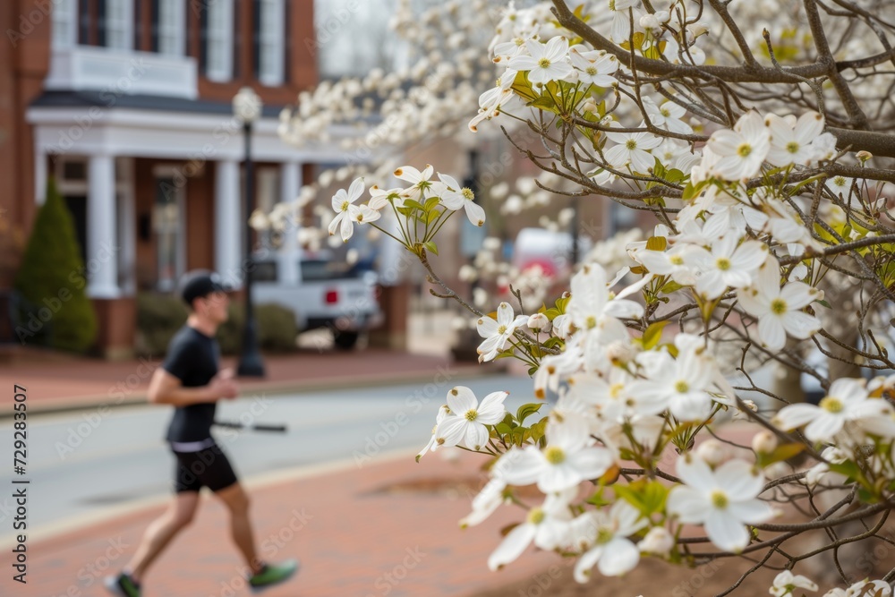 jogger passing by blooming dogwood in town square