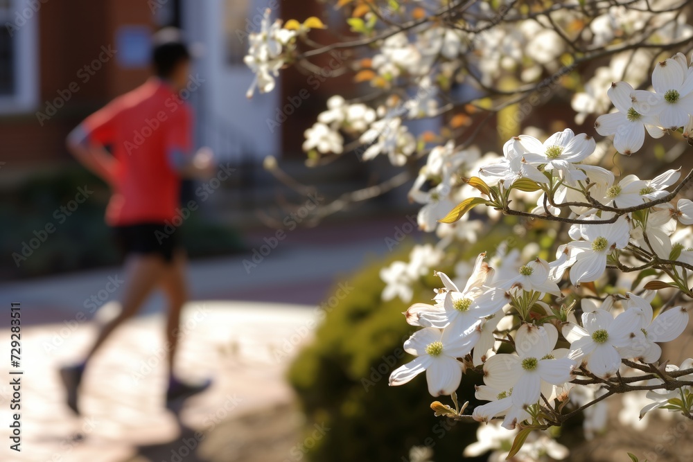 jogger passing by blooming dogwood in town square jogger passing by blooming dogwood in town square