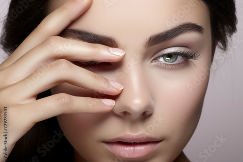 portrait of a brunette woman touching her face with her hand giving the feeling of skin care, ai generative