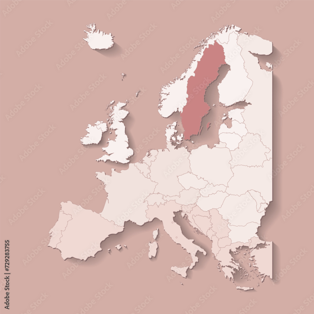 Obraz premium Vector illustration with european land with borders of states and marked country Sweden. Political map in brown colors with western, south and etc regions. Beige background