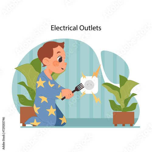 Electrical safety warning. Oblivious curious toddler in pajamas reaching to insert fork into outlet. Need for outlet covers. Preventing child injuries and accidents. Flat vector illustration