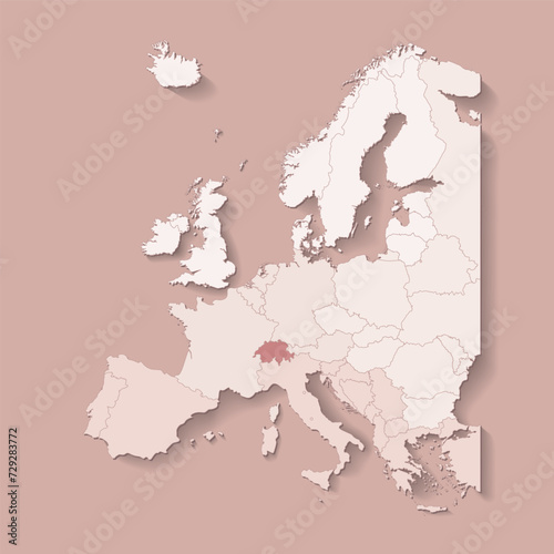 Vector illustration with european land with borders of states and marked country Switzerland. Political map in brown colors with western  south and etc regions. Beige background