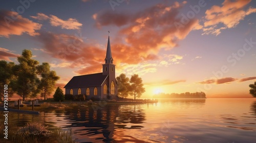 View of beautiful small old brick church lake against sunset sky. generative ai
