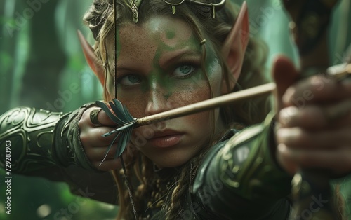 A elf woman is holding a bow and arrow in a dynamic scene from the movie The Hunts.