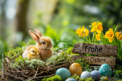 Osternest mit Hase und Küken umgeben von Frühlingsblumen
