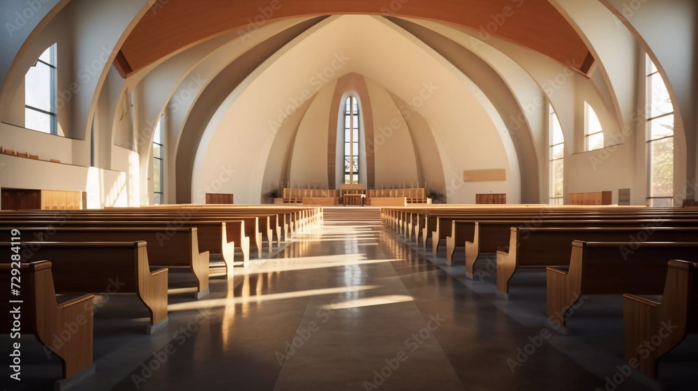 Interior view of a modern church with empty pews. generative ai