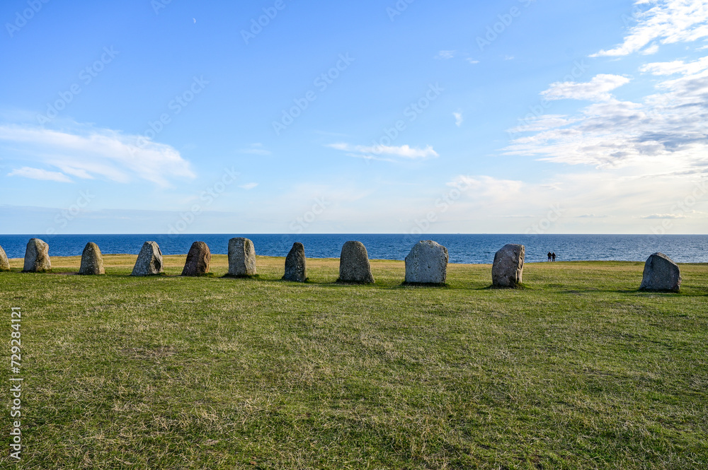 Stone circle Ales stenar in Sweden as one of the largest preserved ship settlements in Scandinavia and tourist attraction, Löderup, Ystad, Skane, Sweden