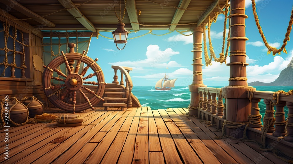 Fototapeta premium for kids pirate ship deck empty background 3D cartoon
