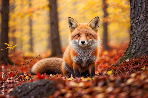 A red fox sitting in the forest on the red roses © Mani Arts