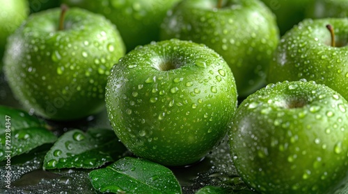 wet green apples closeup