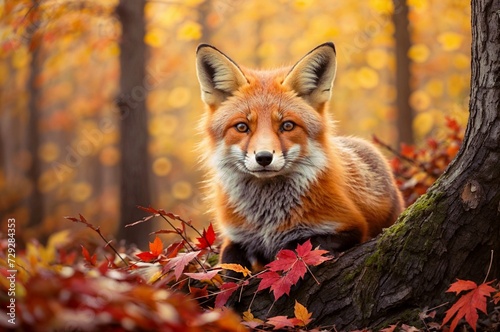 A fox is lying in the forest surrounded by red maple leaves.