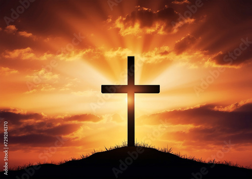 Good Friday concept Christian cross silhouetted against a sunset © Rasel