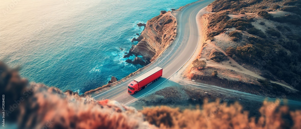 red truck driving along the road, sea landscape, 