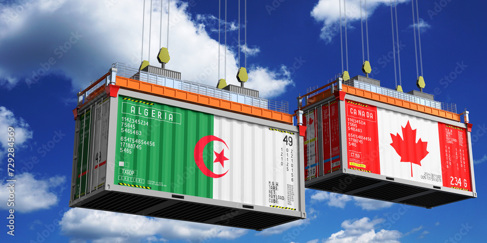 Shipping containers with flags of Algeria and Canada - 3D illustration
