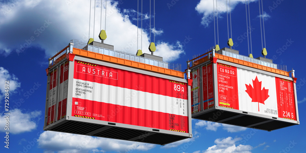 Shipping containers with flags of Austria and Canada - 3D illustration