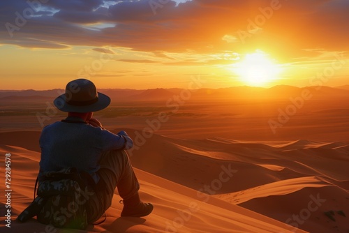 tourist in hat watching sunset from dune peak