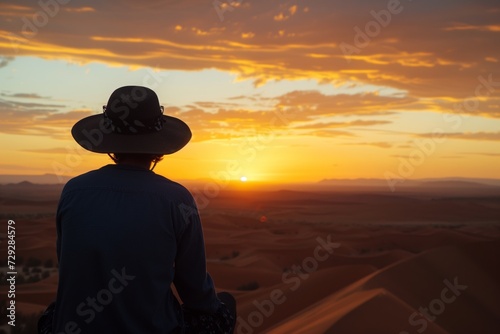 tourist in hat watching sunset from dune peak