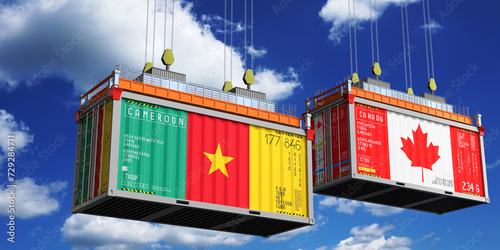 Shipping containers with flags of Cameroon and Canada - 3D illustration