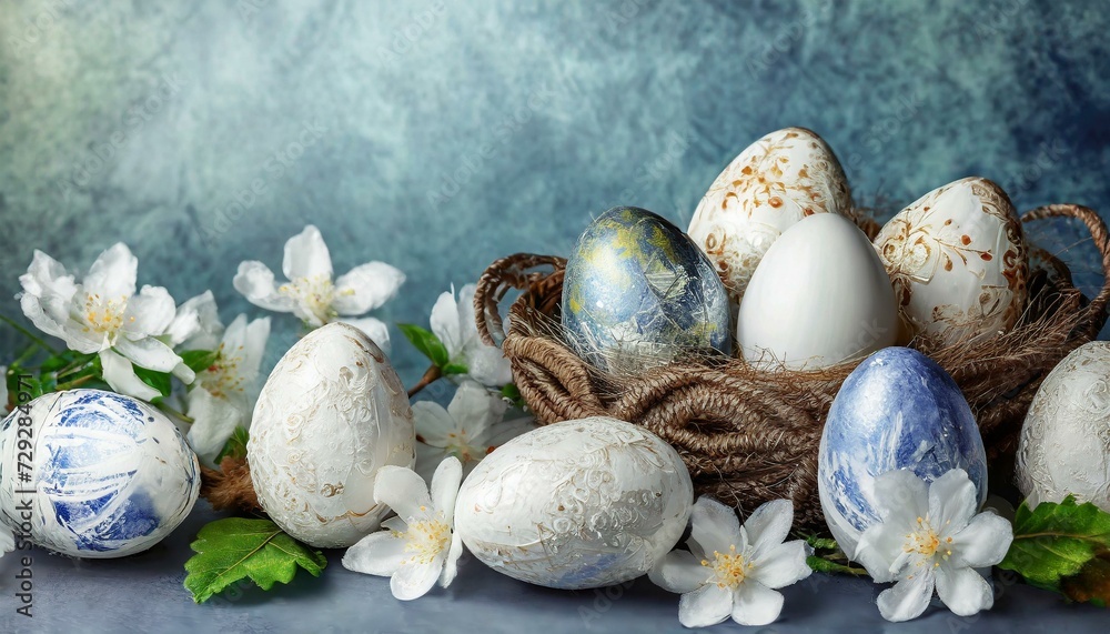 Obraz premium Easter blue background with Easter eggs and flowers