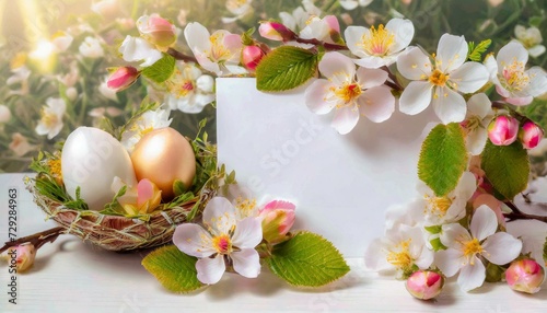 Wielkanocne lub wiosenne tło pisankami i kwitami otaczającymi białą kartkę papieru