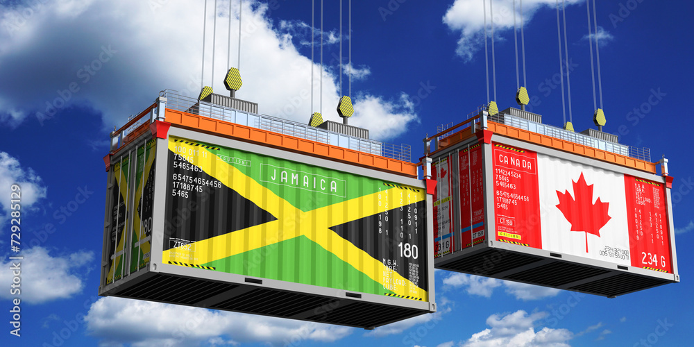 Shipping containers with flags of Jamaica and Canada - 3D illustration
