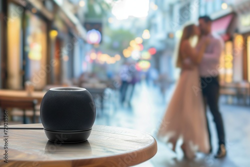 speaker on a caf table with a couple dancing on a blurred street photo