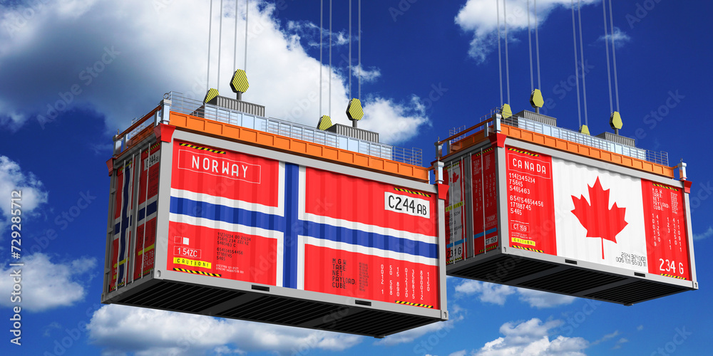 Shipping containers with flags of Norway and Canada - 3D illustration