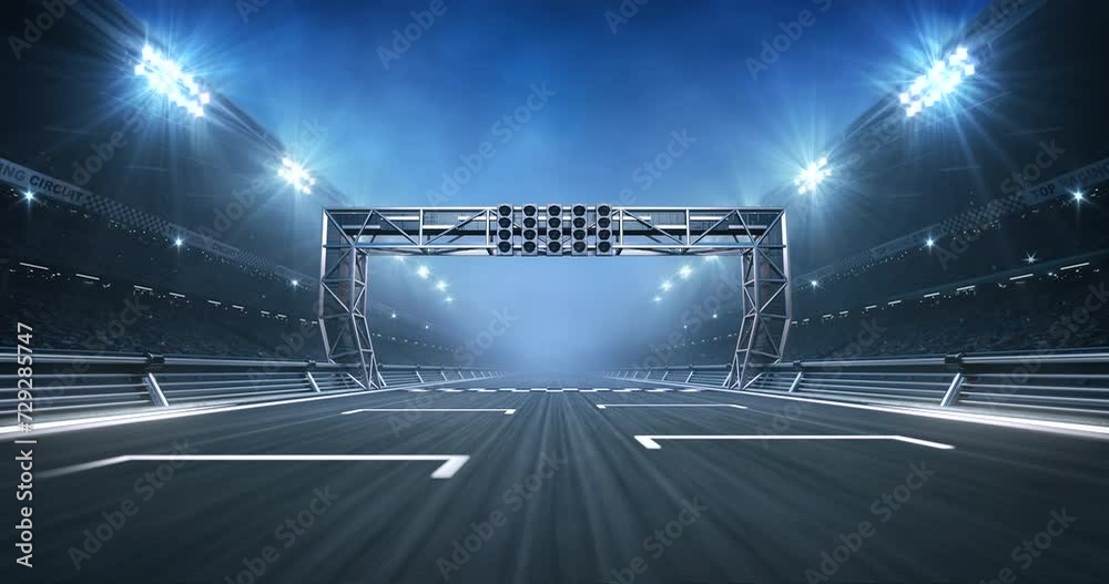 Race track starting line with gate and shining spotlights on sport ...