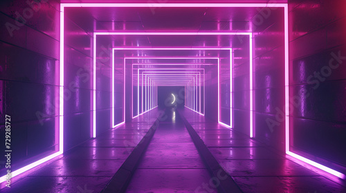 3d render ultraviolet neon square portal glowing lines, generative ai