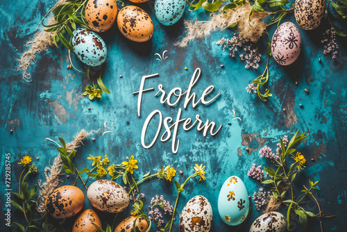 Bunte Ostereier und Frühlingsblumen auf rustikalem Untergrund mit Schriftzug "Frohe Ostern"