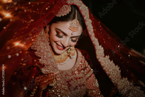 Smiling Indian bride wearing traditional costumes and jewellery on her wedding day