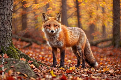 A red fox stands in a forest surrounded by orange and red autumn leaves.