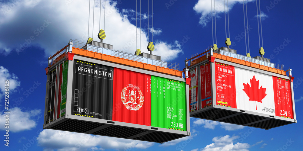 Shipping containers with flags of Afghanistan and Canada - 3D illustration