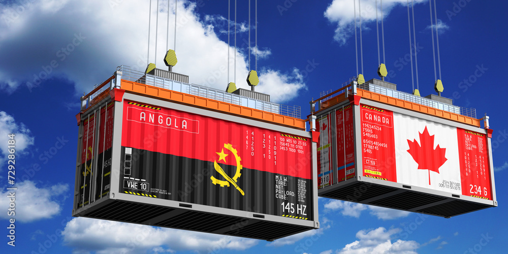 Shipping containers with flags of Angola and Canada - 3D illustration