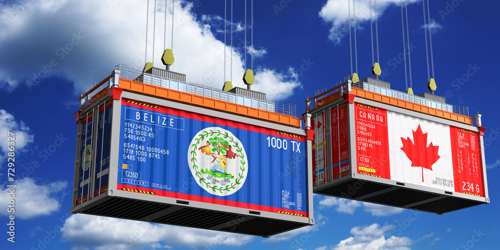 Shipping containers with flags of Belize and Canada - 3D illustration