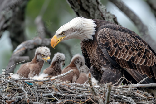 Bald Eagle Parent Feeding Its Chicks in the Nest. The Parental Care and the Innocence of the Chicks Evoke a Sense of Tenderness.