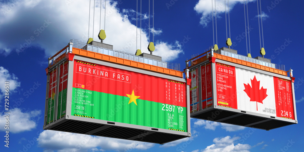 Shipping containers with flags of Burkina Faso and Canada - 3D illustration