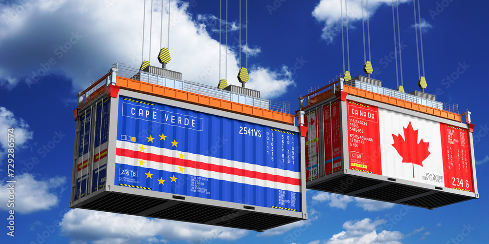 Shipping containers with flags of Cape Verde and Canada - 3D illustration