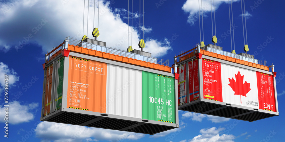 Shipping containers with flags of Ivory Coast and Canada - 3D illustration
