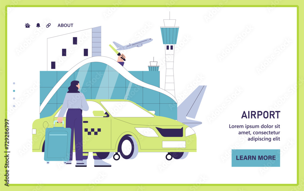 People in the airport web or landing. Airport taxi service. Passenger arriving by taxi at the airport terminal, with a plane taking off. Travel and tourism. Flat vector illustration