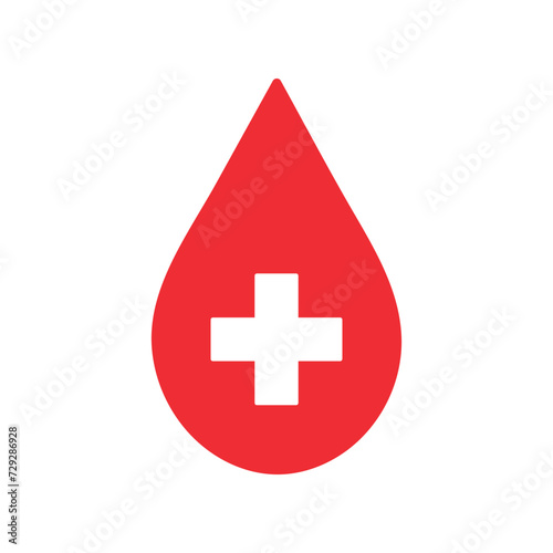 red blood drop icon with white medical cross symbol, donor concept, flat vector illustration