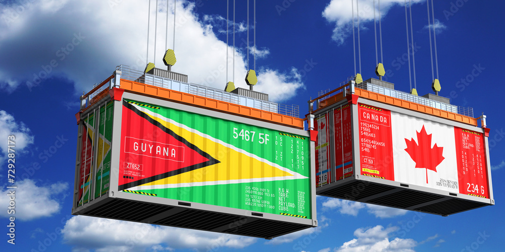 Shipping containers with flags of Guyana and Canada - 3D illustration