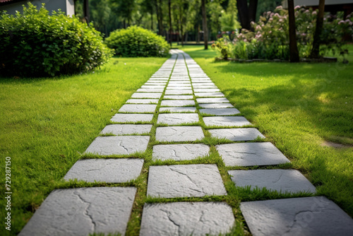 Gray concrete paving stone path in the park. Landscaping in the garden with a path lined with concrete tiles